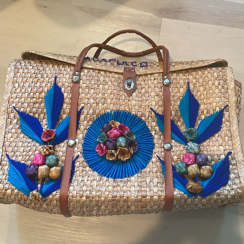 Large vintage embroidered souvenir 60’s 70’s straw bag - Picture 2 of 15
